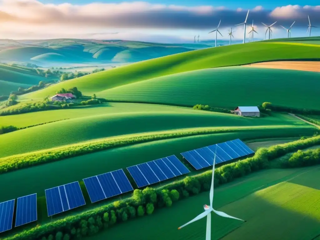 Armonía rural: agricultura sostenible y energías limpias Inversión en desarrollos rurales sostenibles: Agricultores trabajan en armonía con la naturaleza, rodeados de energía limpia y paisajes verdes