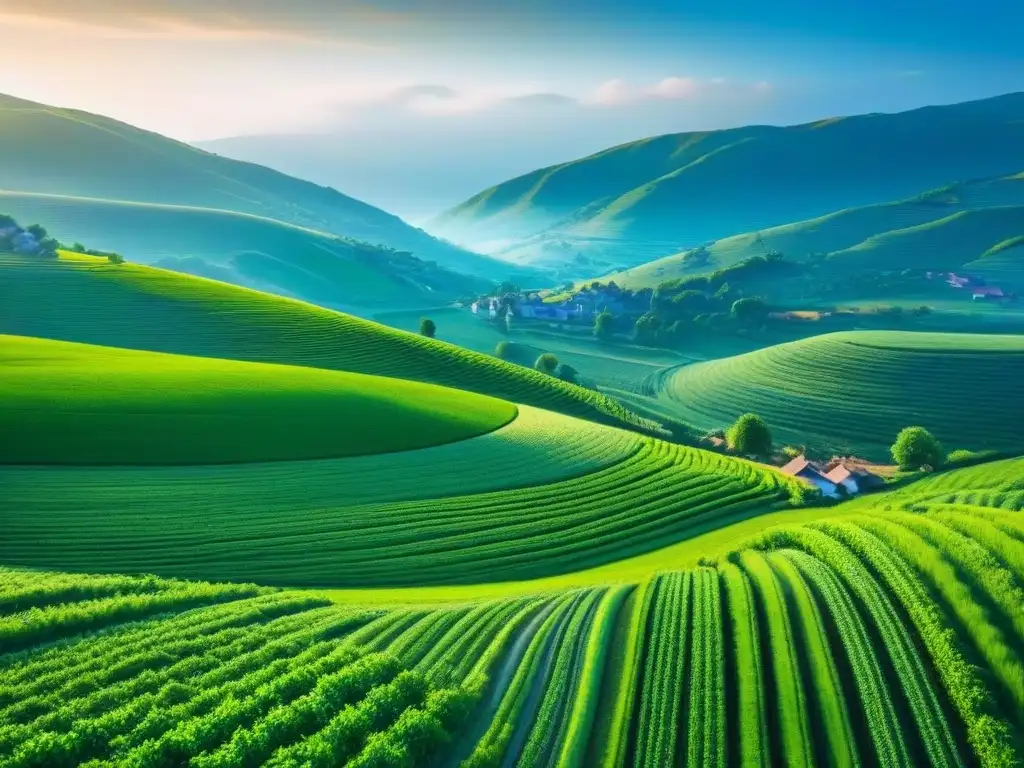 Idílico paisaje rural: armonía sostenible entre naturaleza y humanidad Inversión en desarrollos rurales sostenibles: Paisaje rural idílico con cultivos vibrantes y una aldea sostenible al fondo