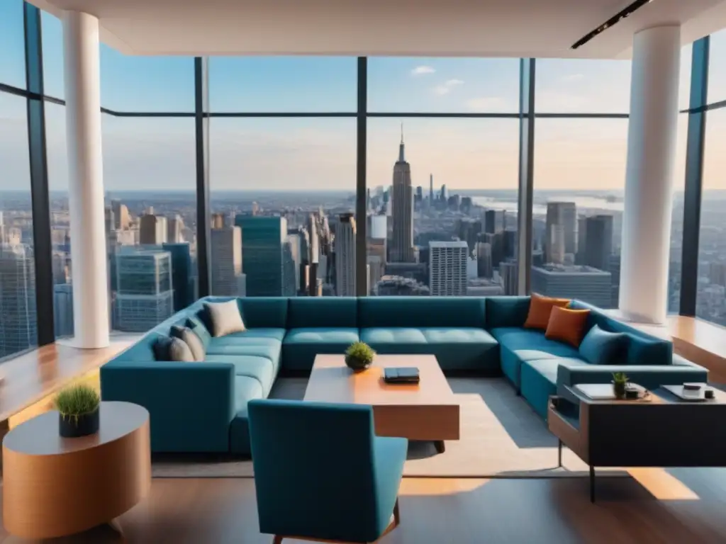 Espacio de coworking innovador en el cielo de la ciudad Inversión en espacios colaborativos internacionales: Profesionales colaborando en un coworking moderno con vistas panorámicas a la ciudad