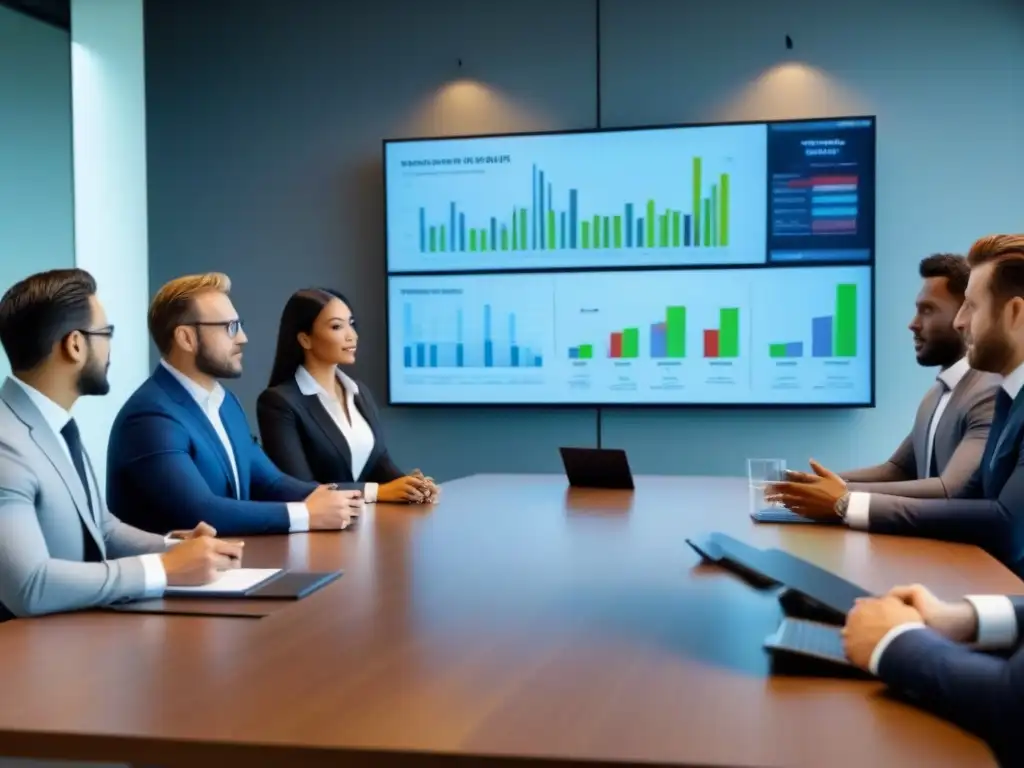 Inversores expertos analizan oportunidades inmobiliarias Inversión exitosa en centros comerciales: Grupo diverso de inversionistas en una sala de juntas moderna discutiendo estrategias rentables