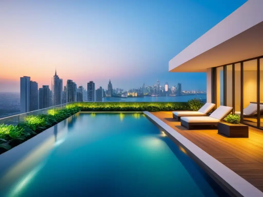 Edificio de lujo con vistas panorámicas al atardecer en la ciudad Inversión exitosa en inmobiliaria de lujo con vista a la ciudad al atardecer, destacando el riesgo cambiario en inversiones