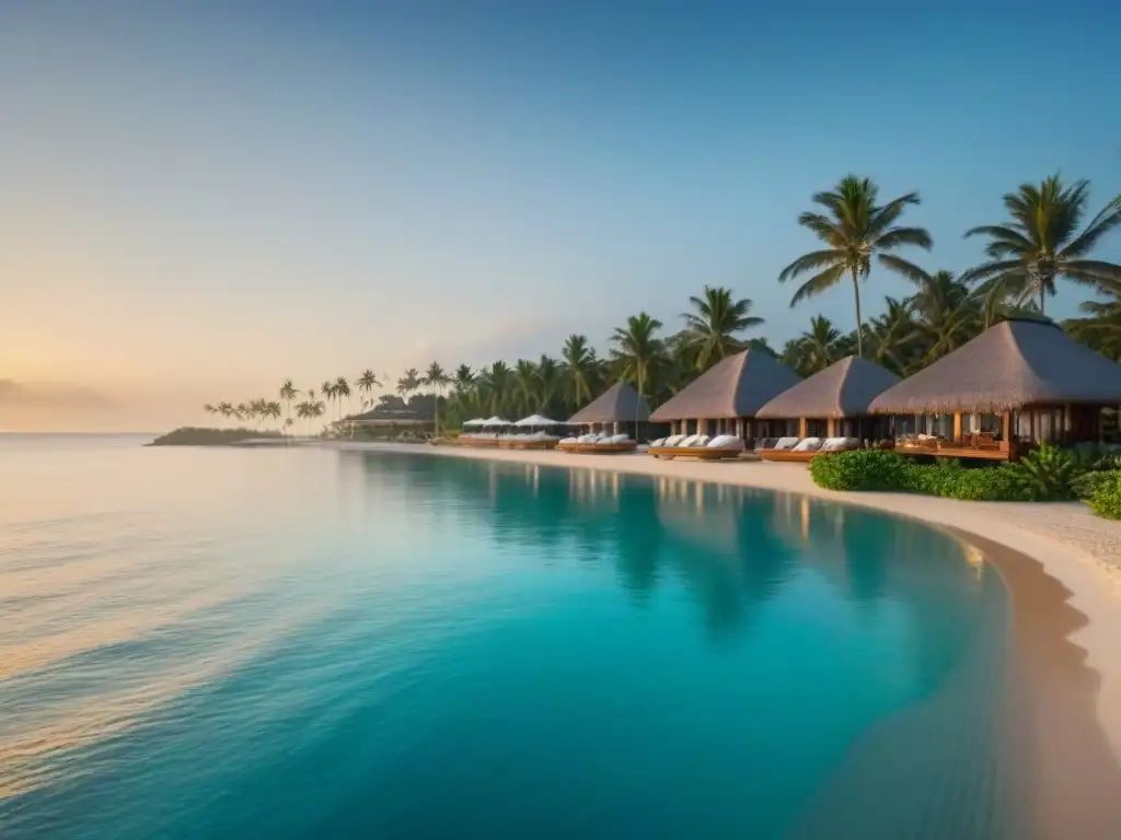 Resort de lujo frente al mar al atardecer Inversión exitosa en mercado de tiempo compartido, resort de lujo con atardecer dorado y aguas turquesa