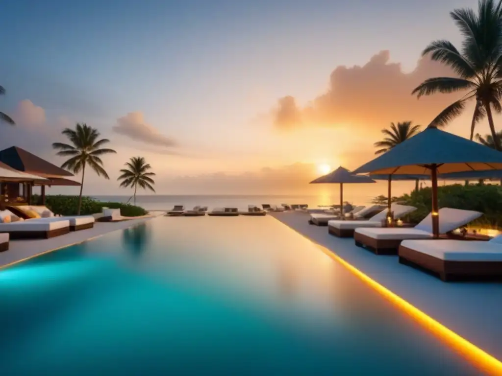Resort de lujo frente al mar: exclusividad, relax y éxito en paraíso Inversión exitosa en tiempo compartido: Exclusivo resort de lujo en la playa con vistas al mar y atardecer dorado