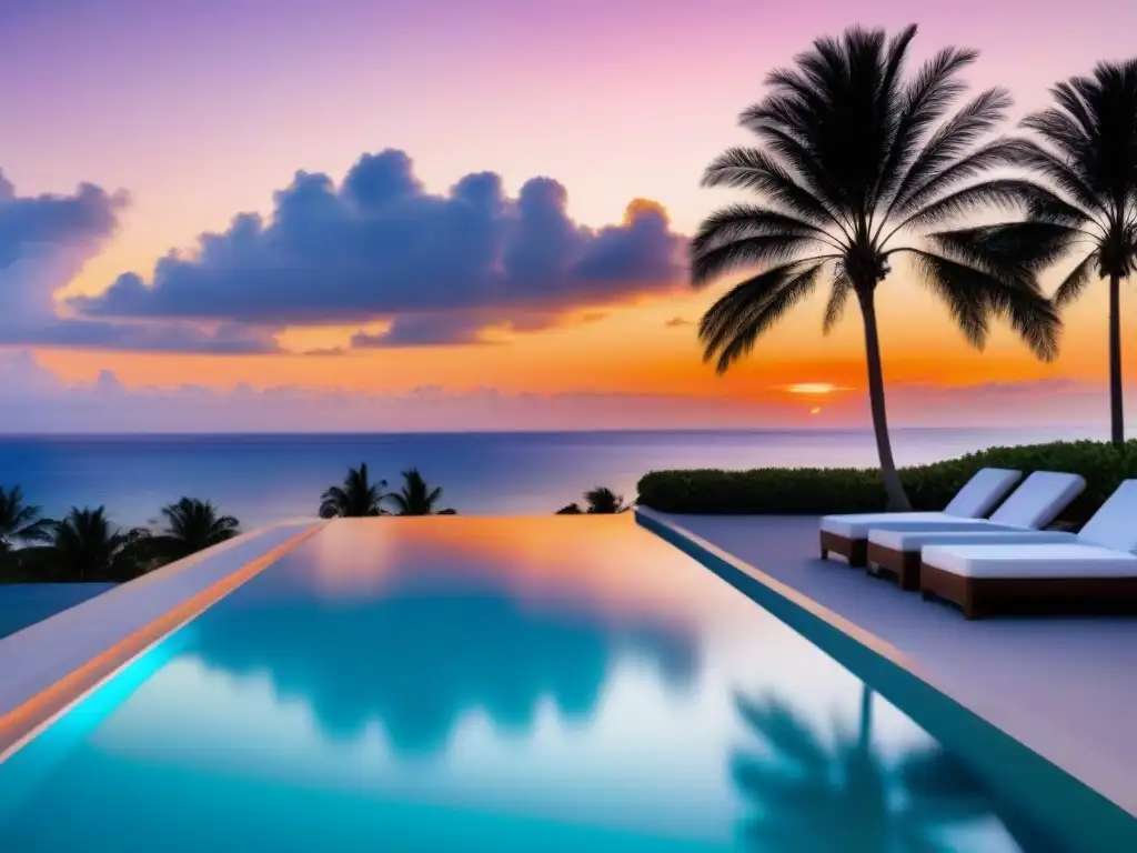 Resort de lujo frente al mar al atardecer: exclusividad y relax Inversión exitosa en tiempo compartido: Resort de lujo frente al mar al atardecer, con piscina infinita y pareja cenando en cabaña privada