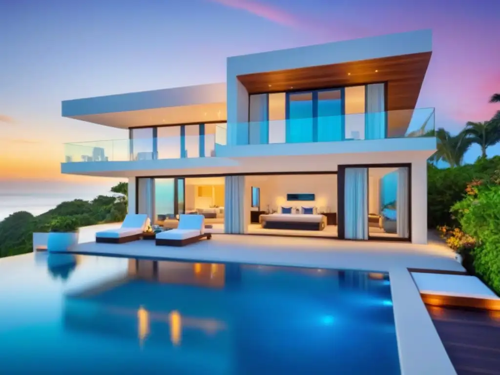 Villa de lujo frente al mar al atardecer: inversión rentable en propiedades costeras Inversión exitosa en villas costeras al atardecer, arquitectura moderna y elegante con piscina infinita y muebles de lujo en terraza privada