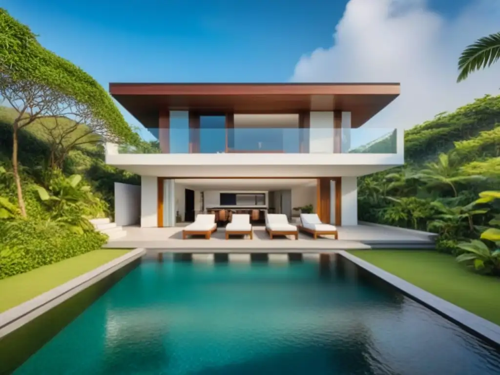 Villa de lujo en Bali: inversión en mercado inmobiliario Inversión extranjera en el mercado inmobiliario de Bali: lujosa villa moderna con vista al mar y exuberante vegetación tropical