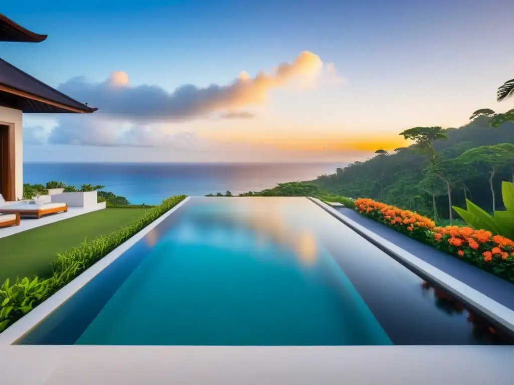 Villa de lujo en Bali: Inversión paradisíaca con vistas al mar Inversión extranjera mercado inmobiliario Bali: lujosa villa moderna con piscina infinita y vistas al mar de Bali al atardecer