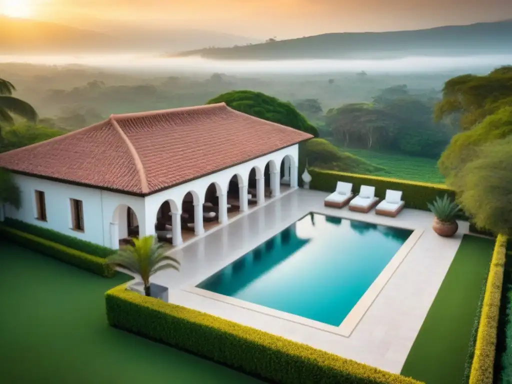 Hacienda de lujo: tradición y opulencia en el campo Inversión en haciendas de lujo: majestuosa vista aérea de una hacienda lujosa en un entorno exuberante y elegante
