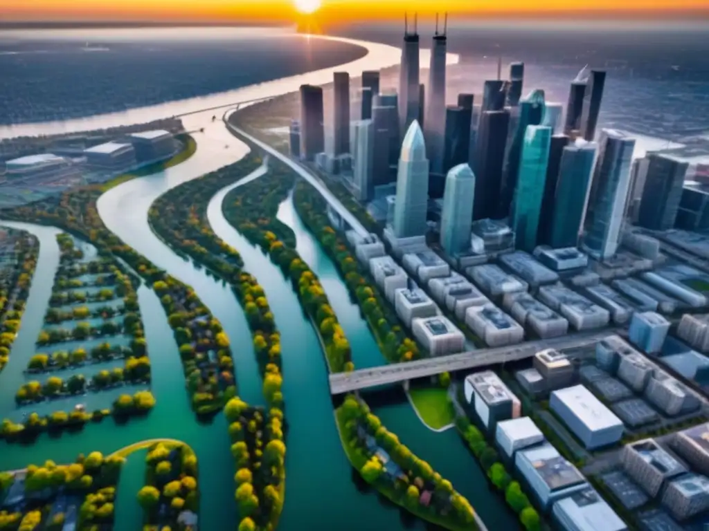 Vibrante ciudad moderna en Norte América al atardecer Inversión inmobiliaria en Norteamérica: Vista aérea impresionante de una ciudad bulliciosa con rascacielos modernos y edificios residenciales