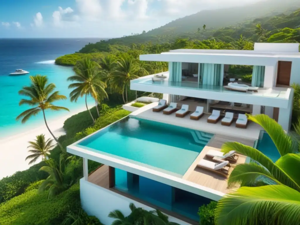 Paraíso caribeño: propiedad de lujo frente al mar Inversión inmobiliaria Caribe: vista aérea de villa lujosa frente al mar, con playa, aguas turquesa y palmeras