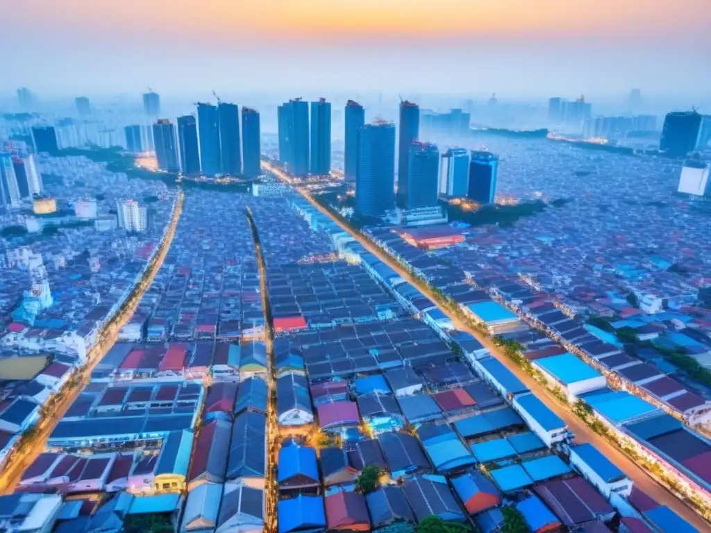 Horizonte vibrante de Ho Chi Minh: modernidad y tradición Inversión inmobiliaria en Vietnam: Vista aérea de Ho Chi Minh City con modernos rascacielos y bulliciosa vida urbana