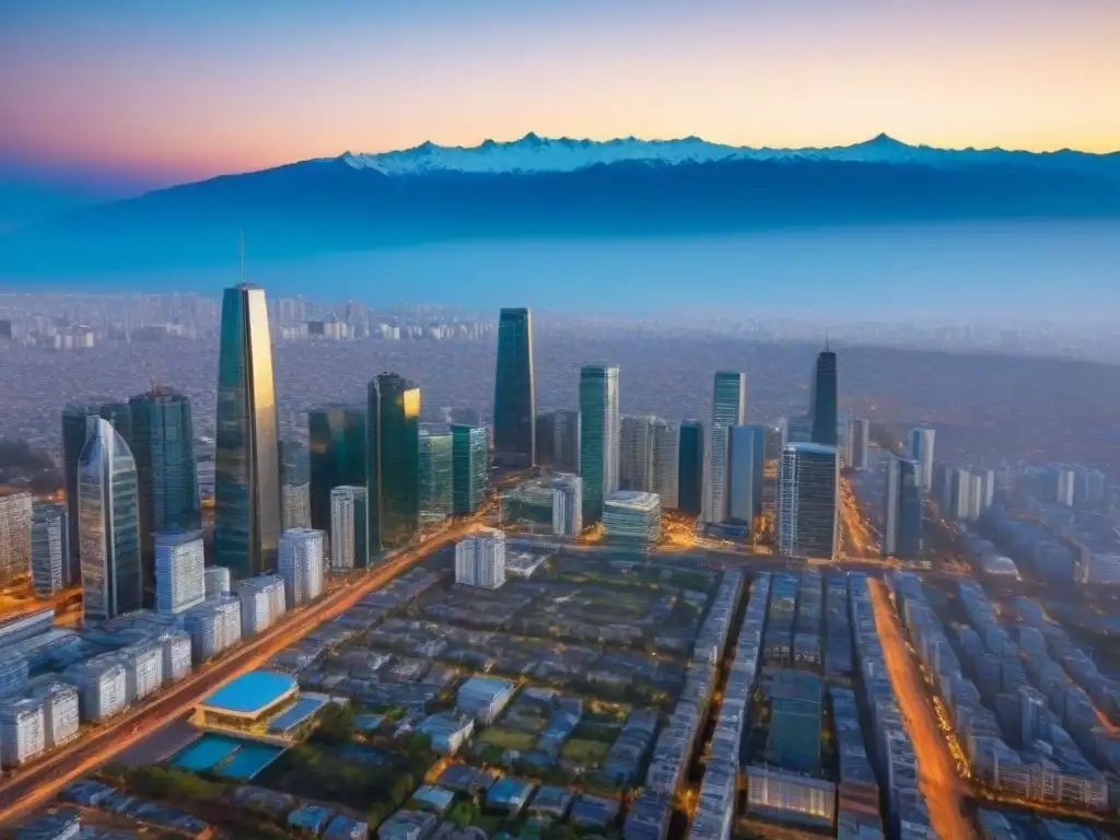 Inversión inmobiliaria en Chile: Vista aérea de Santiago con rascacielos modernos, vida urbana vibrante y majestuosos Andes al fondo