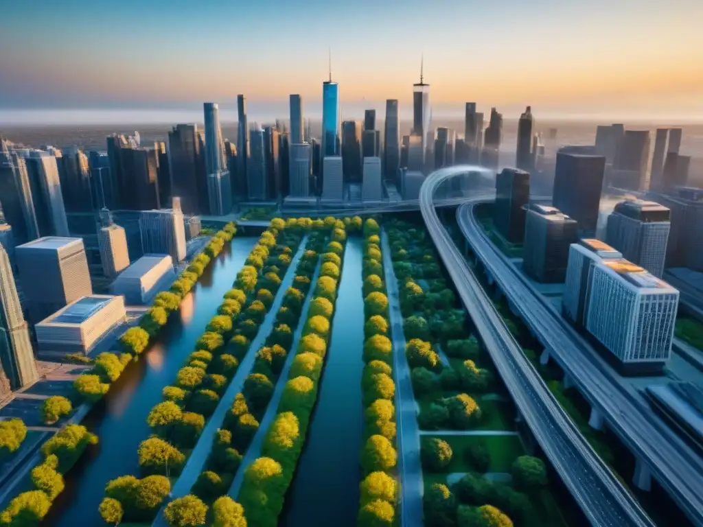 Metrópolis futurista en América del Norte: visión aérea en 8k Inversión inmobiliaria en áreas metropolitanas norteamericanas: Vista aérea futurista de ciudad próspera y moderna