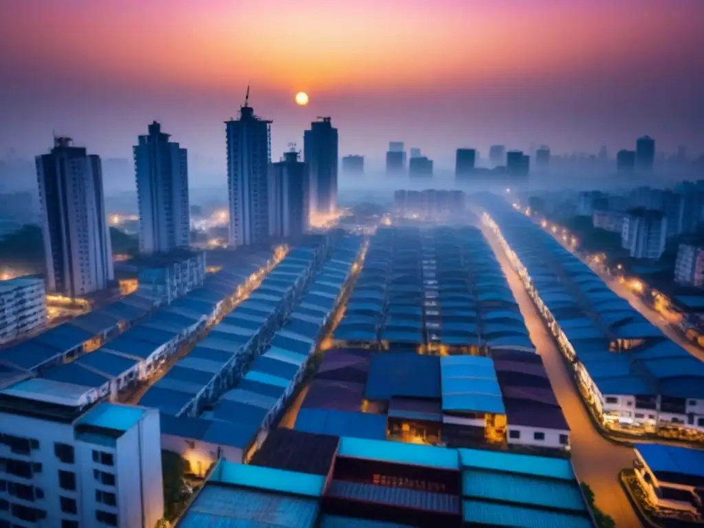 Inversores en Dhaka: Oportunidades inmobiliarias en Bangladesh Inversión inmobiliaria en Bangladesh: Atardecer vibrante sobre el skyline moderno de Dhaka, con inversores en discusión