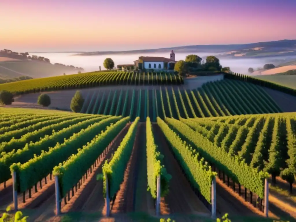 Viñedo de ensueño al atardecer: inversión en éxito y sofisticación Inversión inmobiliaria en bodegas: viñedo al atardecer con cálido sol, uvas verdes y bodega moderna