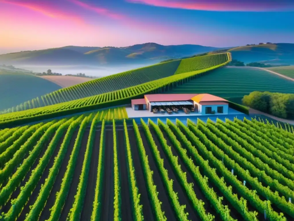 Inversión vinícola: Bodega moderna y viñedos al atardecer Inversión inmobiliaria en bodegas y viñedos: Vista aérea de viñedo al atardecer, moderna bodega destacando en paisaje colorido