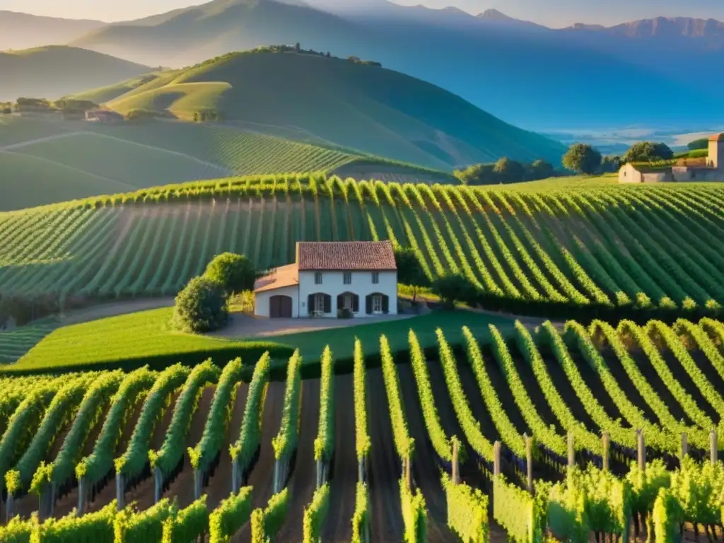 Viñedos verdes y majestuosas montañas: inversión inmobiliaria Inversión inmobiliaria bodegas viñedos: Una vista aérea impresionante de viñedos verdes bajo el sol y montañas majestuosas al fondo