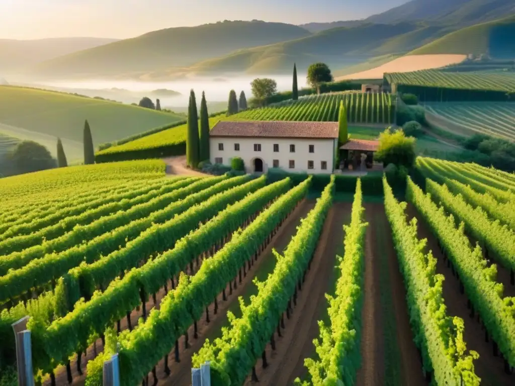 Viñedos dorados al amanecer: belleza y prosperidad en la naturaleza Inversión inmobiliaria en bodegas y viñedos: Vistas aéreas de viñedos verdes al amanecer, con una bodega antigua al fondo