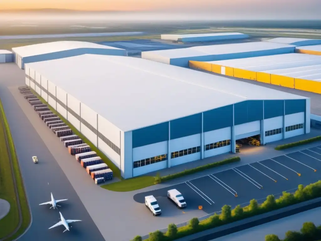 Centro logístico internacional futurista: eficiencia y precisión Inversión inmobiliaria en centros logísticos internacionales: Complejo logístico futurista con almacenes, muelles de carga y vehículos en movimiento
