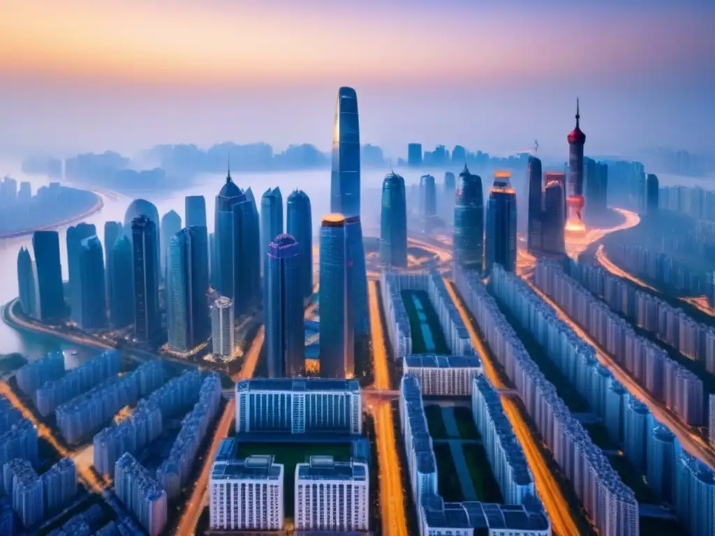 Espléndido skyline urbano chino: oportunidades de inversión inmobiliaria Inversión inmobiliaria en China: Vista aérea impactante de la ciudad china, con rascacielos modernos y calles bulliciosas