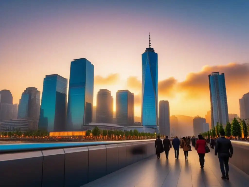 Vibrante ciudad al atardecer: oportunidades de inversión inmobiliaria Inversión inmobiliaria en una ciudad en auge migratorio: una metrópolis luminosa y próspera al atardecer