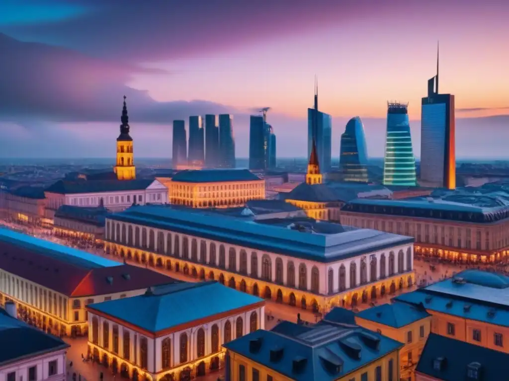 Futurismo urbano en Europa del Este: skyline 8k Inversión inmobiliaria en Europa del Este: Ciudad futurista con rascacielos de cristal y edificios históricos iluminados por luces neón al anochecer