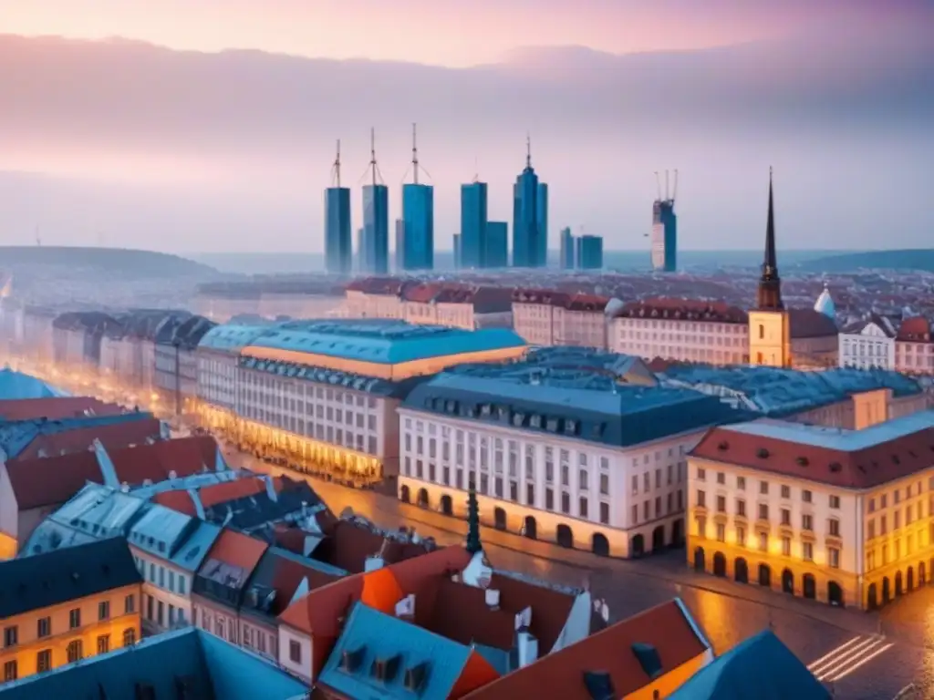 Horizonte urbano de Europa del Este: mezcla histórica y moderna Inversión inmobiliaria en Europa del Este: Ciudad vibrante con arquitectura histórica y modernos rascacielos al atardecer