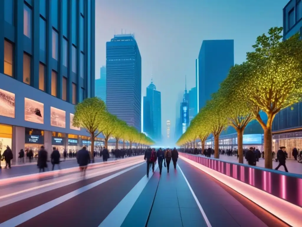 Smart city al atardecer: edificios iluminados y transporte futurista Inversión inmobiliaria en ciudades inteligentes: Paisaje urbano vibrante con edificios inteligentes, luces LED y transporte futurista