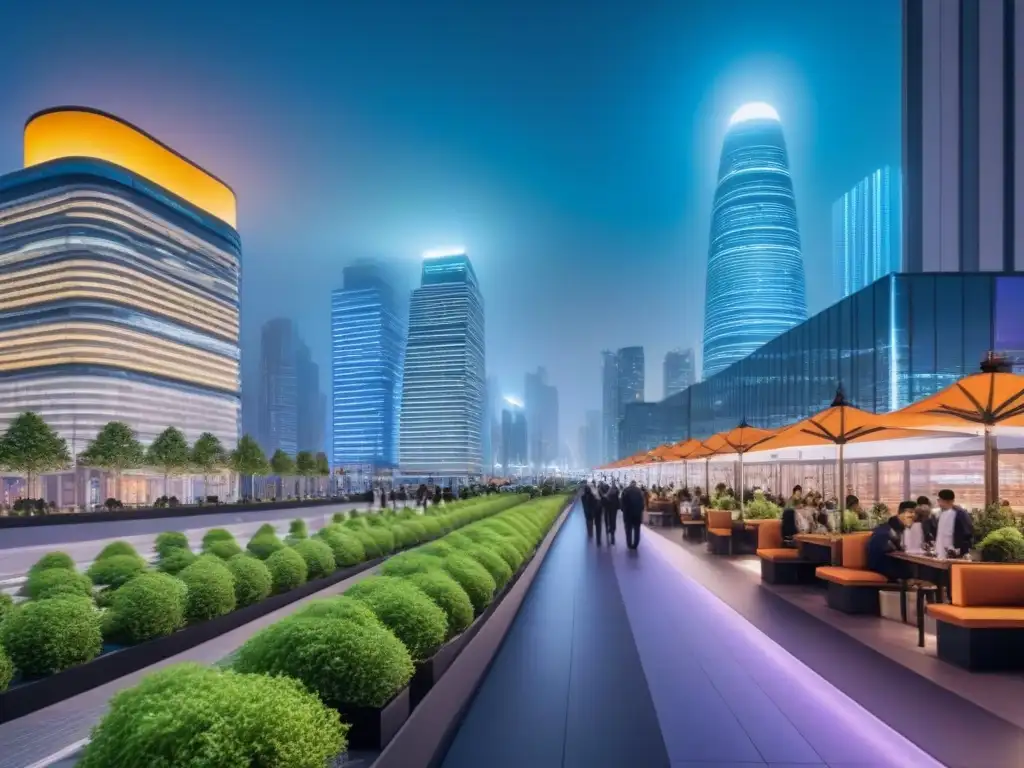Metrópolis nocturna: innovación y sostenibilidad en la ciudad inteligente Inversión inmobiliaria en ciudades inteligentes: Ciudad futurista con tecnología smart y sostenibilidad, en la noche