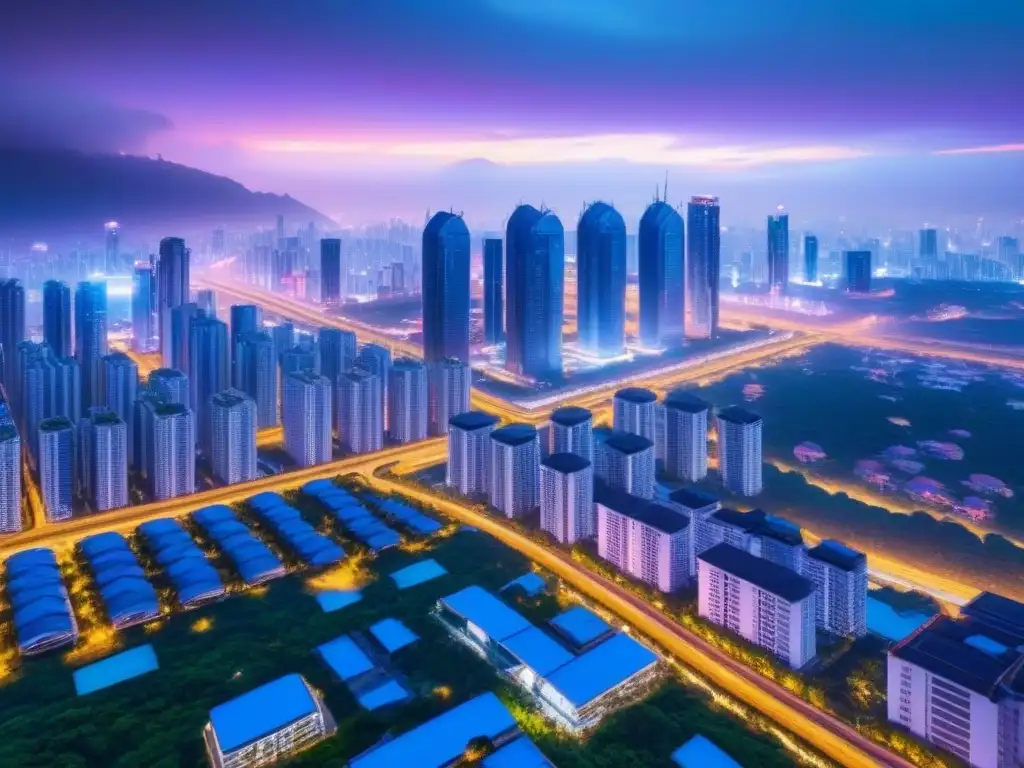 Metrópolis futurista en Asia: tecnología, sostenibilidad y armonía urbana Inversión inmobiliaria en ciudades inteligentes: vibrante metrópolis futurista en Asia con rascacielos y tecnología avanzada