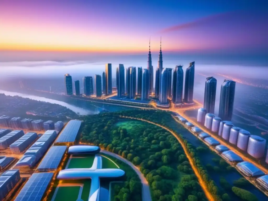 Horizonte futurista de ciudad inteligente: eficiencia y sostenibilidad Inversión inmobiliaria en ciudades inteligentes: Vista aérea de una metrópolis futurista con tecnología y sostenibilidad