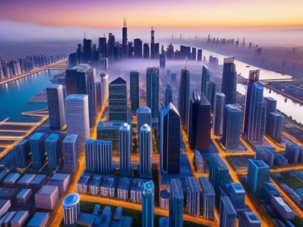 Metrópolis futurista: diseño innovador y sostenible en 8k Inversión inmobiliaria en ciudades postindustriales: Amanecer en una metrópolis futurista y sostenible