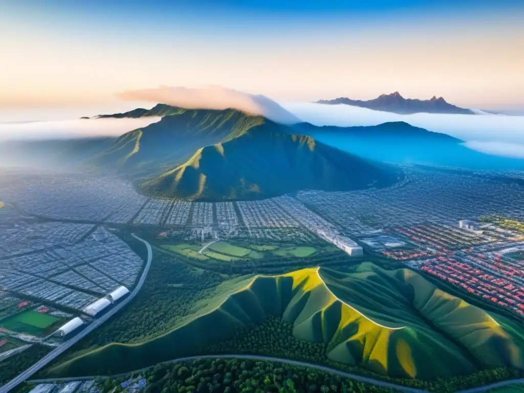 Metrópolis postindustrial: armonía urbana y natural Inversión inmobiliaria en ciudades postindustriales: vista aérea de una ciudad vibrante con rascacielos modernos y espacios verdes