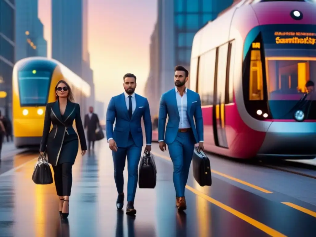 Atardecer vibrante en la ciudad: profesionales en acción Inversión inmobiliaria en ciudades en reconversión: Profesionales caminan en una calle urbana moderna al atardecer