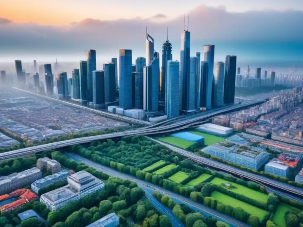 Metrópolis emergente: oportunidades de inversión en bienes raíces Inversión inmobiliaria en ciudades secundarias emergentes: vibrante ciudad con rascacielos modernos, gente y mercados bulliciosos bajo un cielo azul