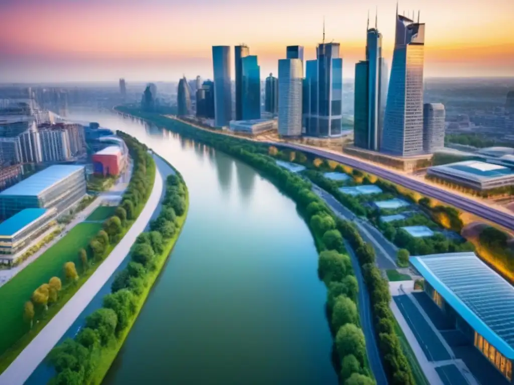 Vista aérea impactante de ciudad moderna al atardecer Inversión inmobiliaria en ciudades: Vista aérea de una ciudad moderna al atardecer, con rascacielos y zonas verdes