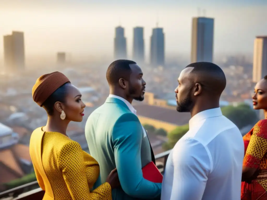 Inversiones dinámicas en el mercado inmobiliario africano Inversión inmobiliaria África: distrito comercial africano vibrante con modernos rascacielos y mercados tradicionales bulliciosos