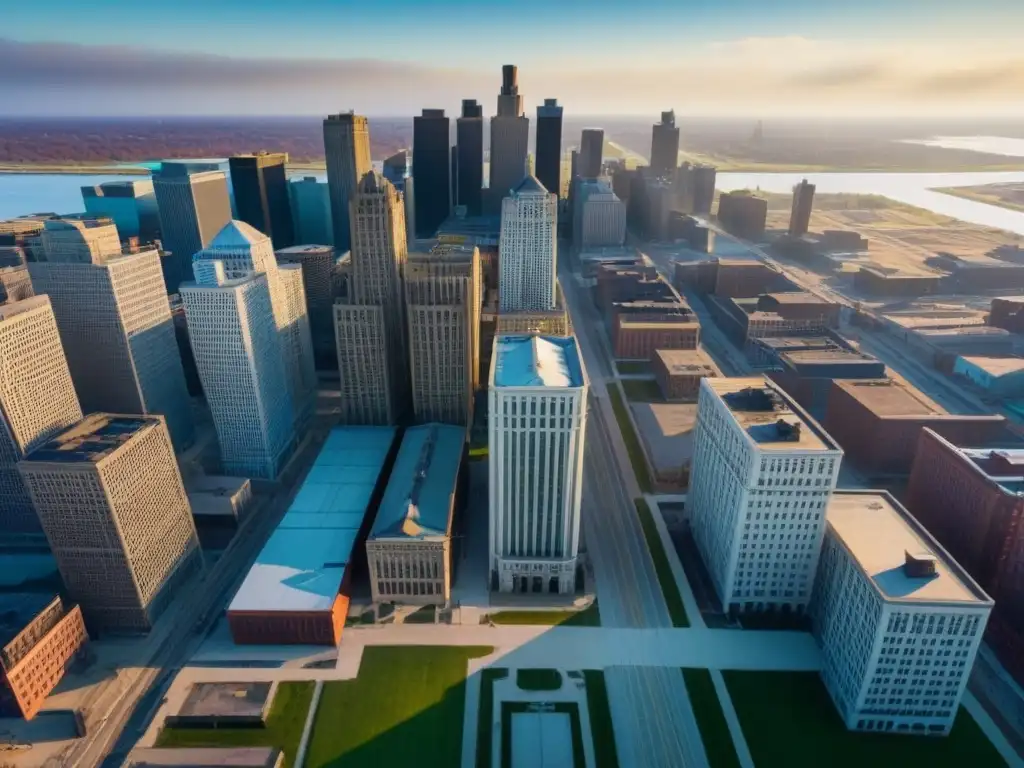 Contrastes urbanos en Detroit: revitalización vs Inversión inmobiliaria Detroit revitalización: Contraste entre edificios modernos y abandonados, reflejo de la transformación de la ciudad