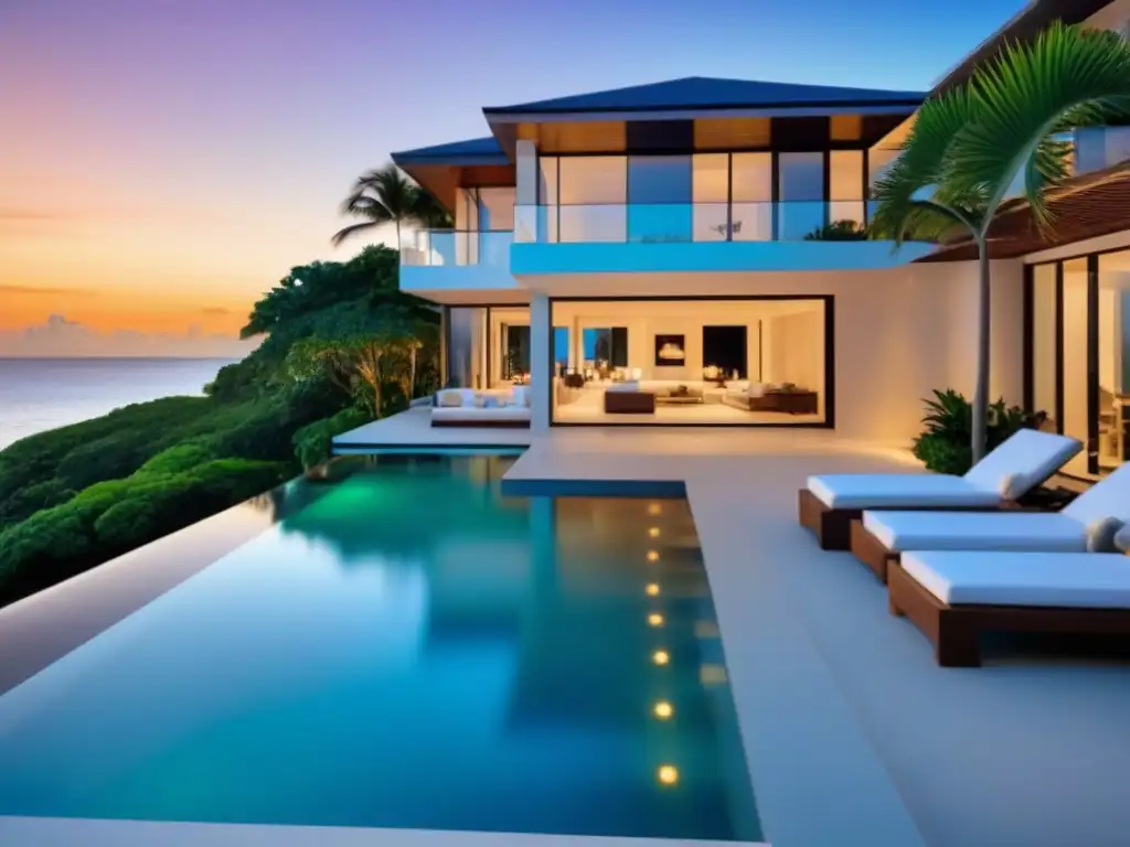 Propiedad de lujo frente al mar al atardecer: exclusividad costera Inversión inmobiliaria en costas internacionales: Residencia de lujo con piscina infinita frente al mar al atardecer