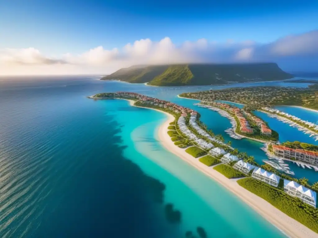 Costa de lujo: propiedades exclusivas y yates en un paraíso costero Inversión inmobiliaria en costas internacionales: Costa lujosa con propiedades yates bajo cielo azul brillante