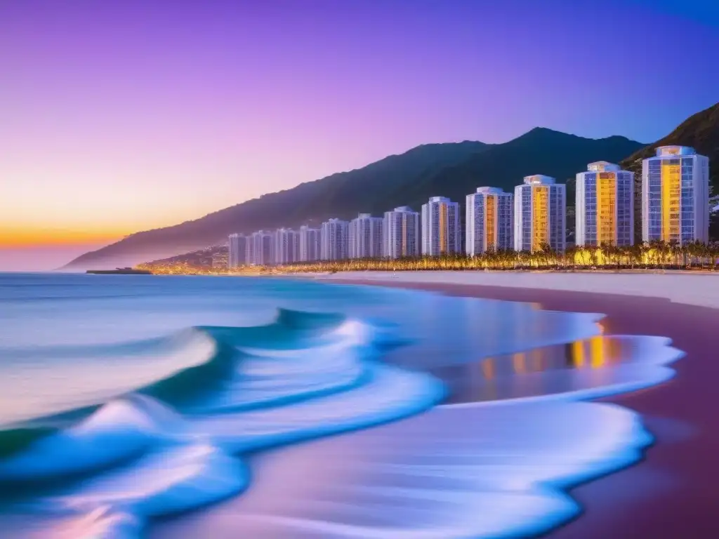 Cityscape costero de lujo al atardecer: inversión inmobiliaria en alta mar Inversión inmobiliaria en costas internacionales: Ciudad costera lujosa al atardecer con modernos edificios y yates en marina