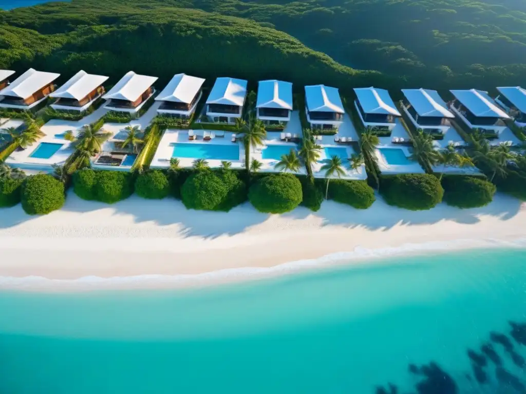 Paraíso costero de lujo: villas modernas, aguas turquesa y atardecer dorado Inversión inmobiliaria en costas internacionales: Atardecer en resort lujoso con villas, piscinas infinitas y aguas turquesas