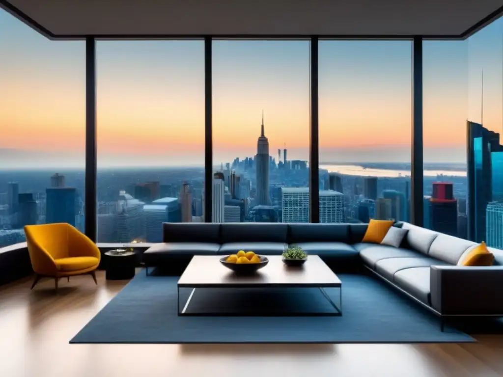 Penthouse de lujo con vista panorámica a la ciudad y diseño contemporáneo Inversión inmobiliaria con criptomonedas: lujoso ático moderno con vista a la ciudad y elegante mobiliario contemporáneo