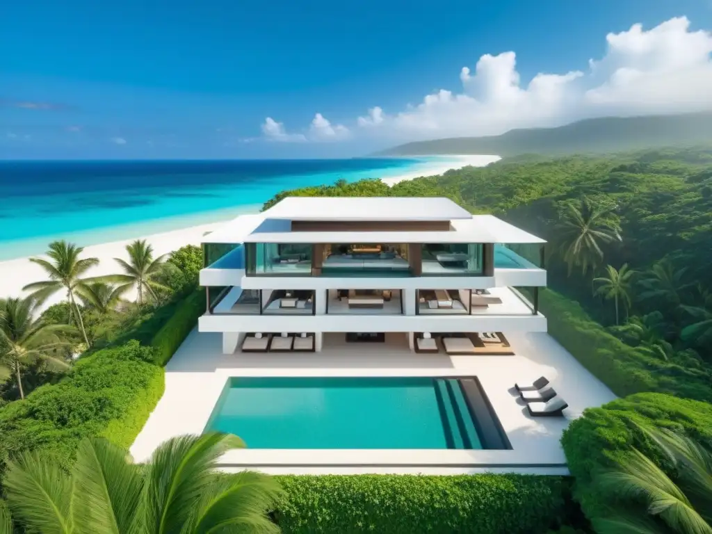 Propiedad de lujo en destino exótico: exclusividad frente al mar Inversión inmobiliaria en destinos exóticos: Lujosa propiedad frente al mar con playa, aguas turquesas y exuberante vegetación tropical