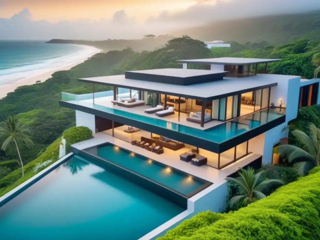 Propiedad de lujo frente al mar en ciudad fronteriza: arquitectura moderna y piscina infinita Inversión inmobiliaria en destinos fronterizos: lujosa propiedad frente al mar con piscina infinita y diseño moderno