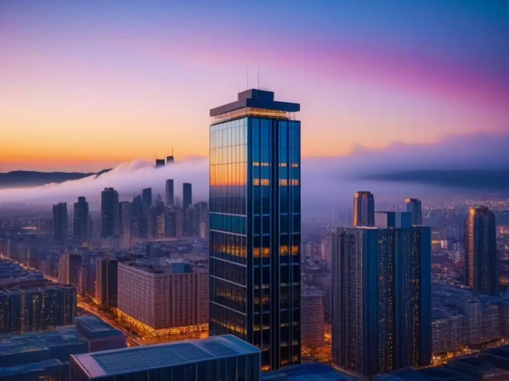 Espectacular rascacielos urbano al atardecer en 8k Inversión inmobiliaria en destinos fronterizos: Edificio moderno con ventanales reflejando la ciudad al atardecer