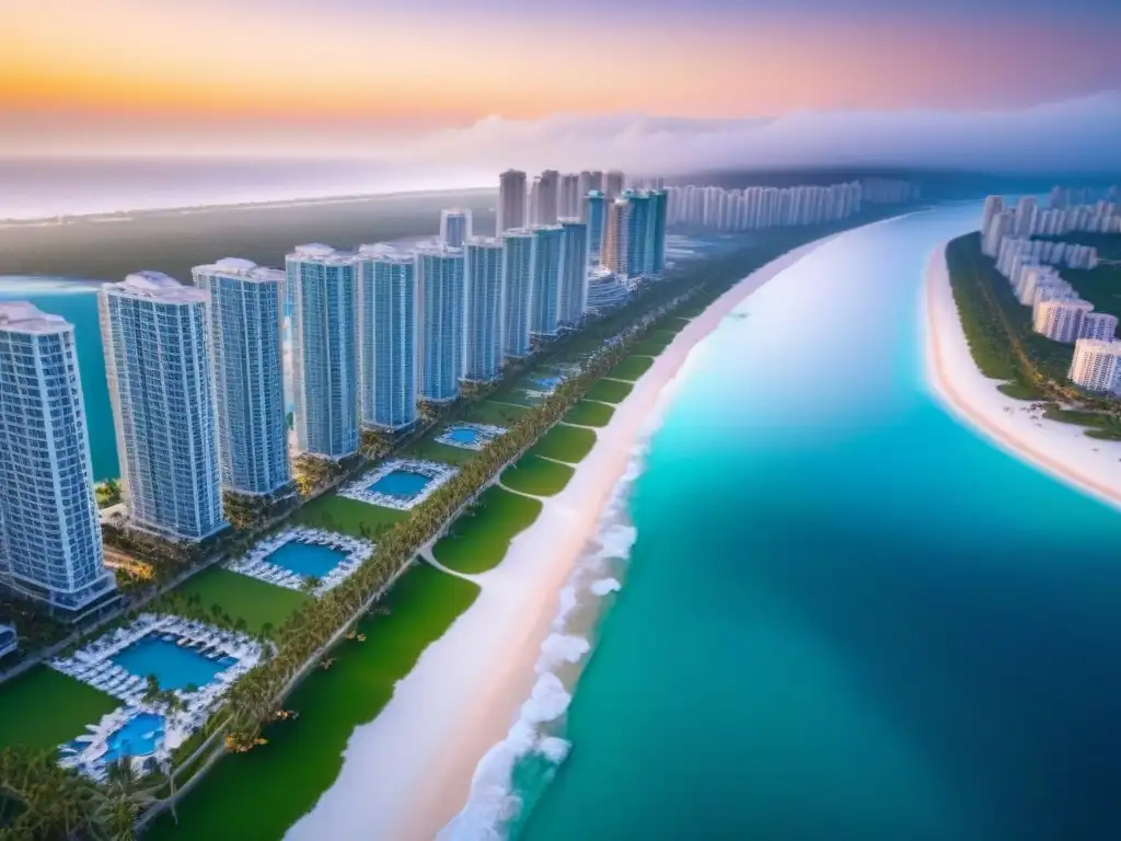 Esplendor costero al atardecer: lujo y opulencia en el paraíso Inversión inmobiliaria en destinos fronterizos: Ciudad costera lujosa al atardecer, con rascacielos, playa y barcos en el mar