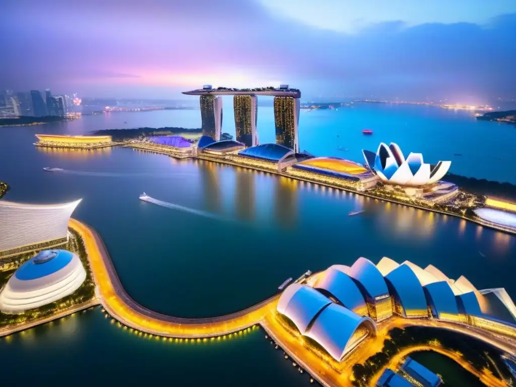 Vista aérea impactante del skyline de Singapur al atardecer Inversión inmobiliaria en el dinámico mercado del Sudeste Asiático: Marina Bay Sands y edificios iluminados al anochecer