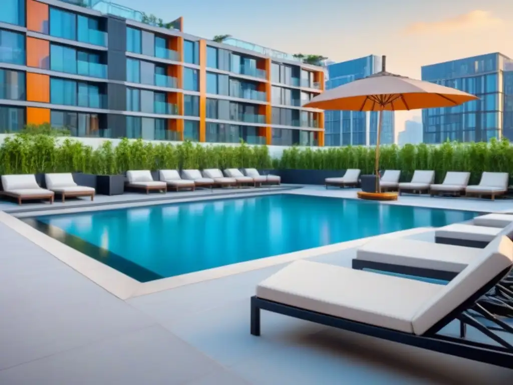 Complejo de apartamentos de lujo en ciudad emergente Inversión inmobiliaria en economías emergentes: complejo de apartamentos de lujo con piscina en la azotea y diseño moderno urbano