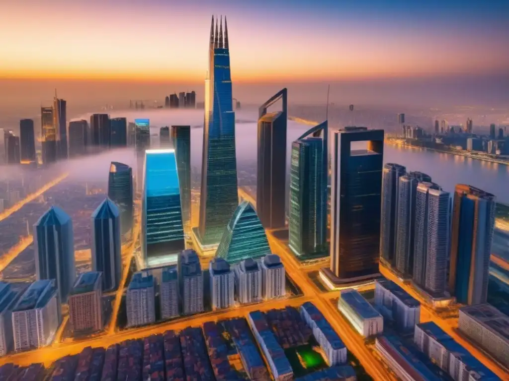 Horizonte urbano vibrante en economía emergente Inversión inmobiliaria en economías emergentes: Ciudad dinámica con rascacielos modernos y arquitectura tradicional, profesionales diversificados discutiendo, atardecer urbano vibrante